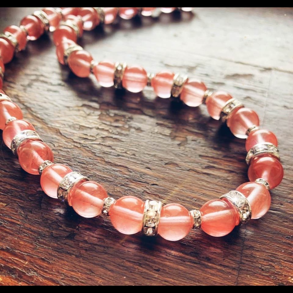 AAA+ PINK CHERRY QUARTZ and Rhinestone Choker